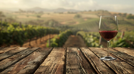 A rustic wood table top, featuring a glass of fine wine, overlooks a blurred vineyard landscape,...