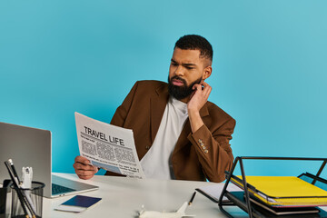 A man in business attire sits at a wooden desk, engrossed in reading a newspaper, his focused...