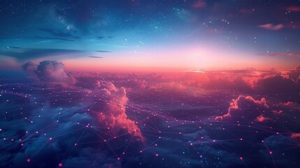 A dreamlike vision of wireless networks as shimmering pathways in the sky - obrazy, fototapety, plakaty
