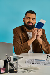 A man in a thoughtful pose sits at a desk, holding a book in his hands, engrossed in the knowledge...