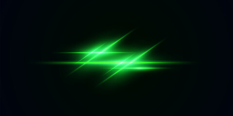 Realistic light reflections, neon illumination in green  colors. Bright light lens. Police light effects, lines. Shiny stars, glowing sparks on a black background. Vector	