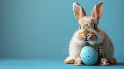 Fototapeta premium A white Easter bunny sits on a blue egg on a blue background.