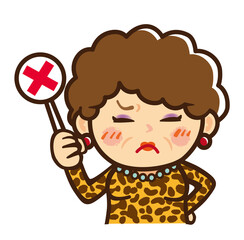 マルバツ棒を持つ大阪のおばちゃんのかわいいキャラクターイラスト