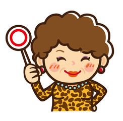 マルバツ棒を持つ大阪のおばちゃんのかわいいキャラクターイラスト