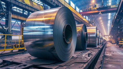 Fototapeta premium Amid the industrial setting of a factory, large rolls of metal coils, made from galvanized sheet steel, stand prominently, symbolizing the robustness and efficiency of modern steel production.