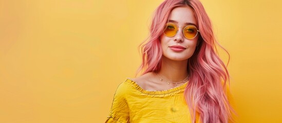 A woman with pink hair and sunglasses posing for a picture