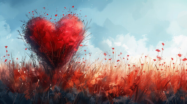Heart in field of flowers day grass, heart shape romance