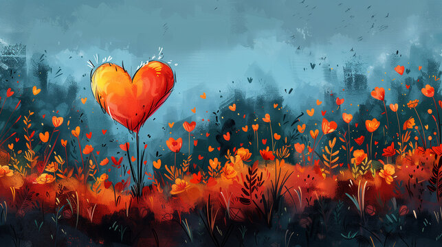 Naklejki Heart in field of flowers background love illustration, heart shape