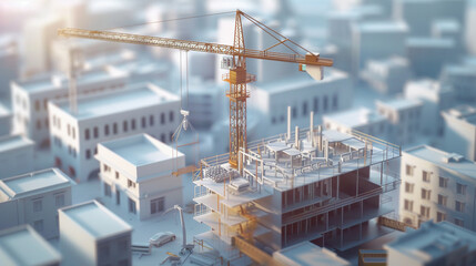 Fototapeta premium Building project, house frame, crane at work, blueprint detail, safety standard, 3D site scene