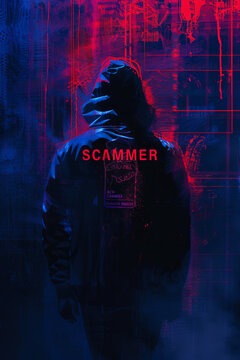 A dark silhouette human figure of a scammer with text scammer