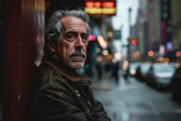 Fototapeta na wymiar Portrait of a senior man in New York City at night.
