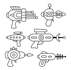 Set of space laser blasters of aliens. UFO weapons. Coloring page. Black and white. Vector