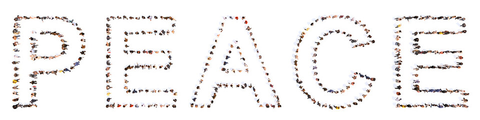 Concept conceptual large community of people forming the PEACE word. 3d illustration metaphor for hope, freedom, democracy, treaty, love, happiness, unity, religion, white dove and olive branch