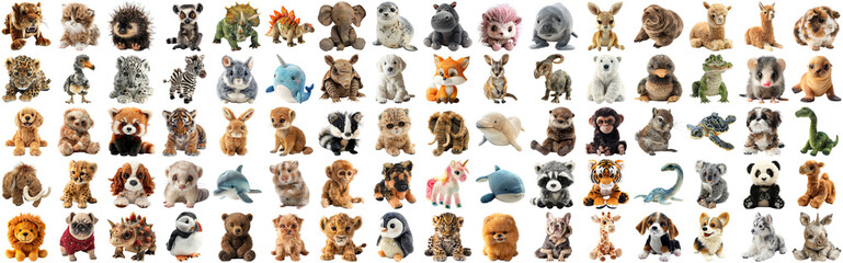 Big set of cute fluffy animal dolls for nursery and children toys, many animal plush dolls photo collection set, isolated background AIG44 - obrazy, fototapety, plakaty
