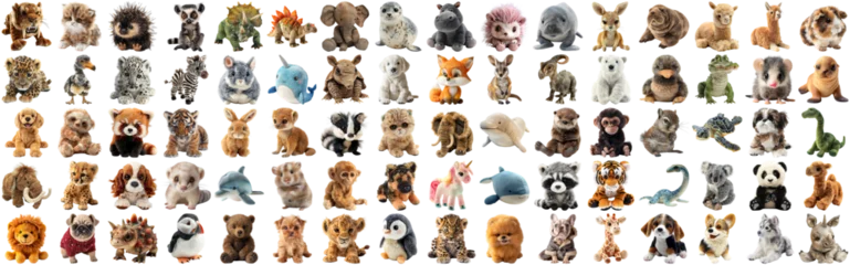 Fototapeten Big set of cute fluffy animal dolls for nursery and children toys, many animal plush dolls photo collection set, isolated background AIG44 © Summit Art Creations