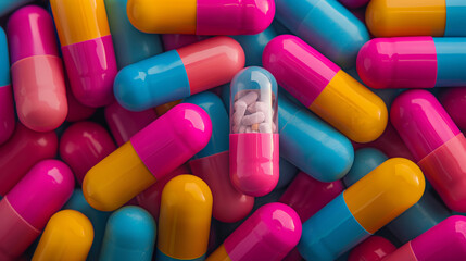 A highly detailed close-up of vibrant colorful medication capsules, representing healthcare and pharmaceutical themes - obrazy, fototapety, plakaty