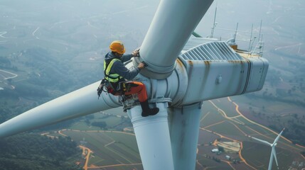 Inspection engineers preparing to rappel down a rotor blade of a wind turbine - obrazy, fototapety, plakaty