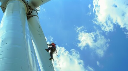 Inspection engineers preparing to rappel down a rotor blade of a wind turbine - obrazy, fototapety, plakaty