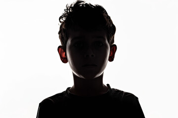 A dark silhouette figure of young boy on white background, with unclear face feature - obrazy, fototapety, plakaty