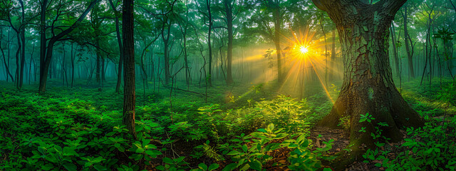 Sunlight filtering through a forest, creating a mystical and serene atmosphere that invites exploration and wonder