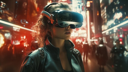 A woman with goggles delves into the world of technology and cyberspace. Exploring the digital frontier