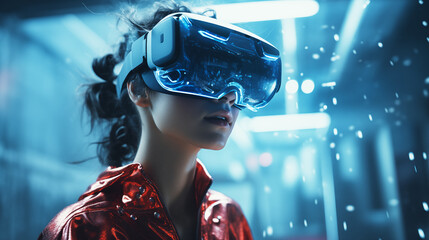 A woman with goggles delves into the world of technology and cyberspace. Exploring the digital frontier