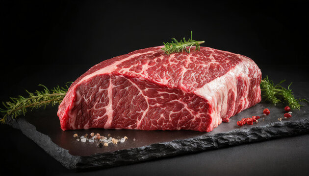 Wagyu raw meat on black background. Fresh marbled beef steak. Tasty and organic food.