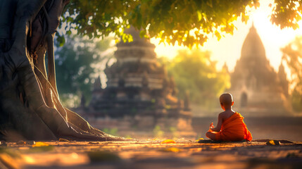 Back view of a young novice monk reading a Buddhist book under the tree the temple as a background