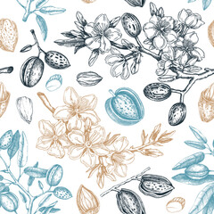 Almond seamless pattern. Spring background. Floral texture. Blooming branches, nuts, flower  sketches. Hand-drawn vector illustration. NOT AI generated - 774963648