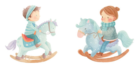Fototapeta premium cute kid on rocking horse watercolour vector illustration