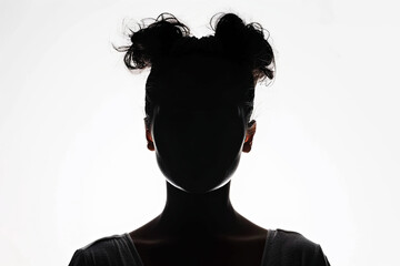 A dark silhouette figure of a woman on white background, with unclear face feature