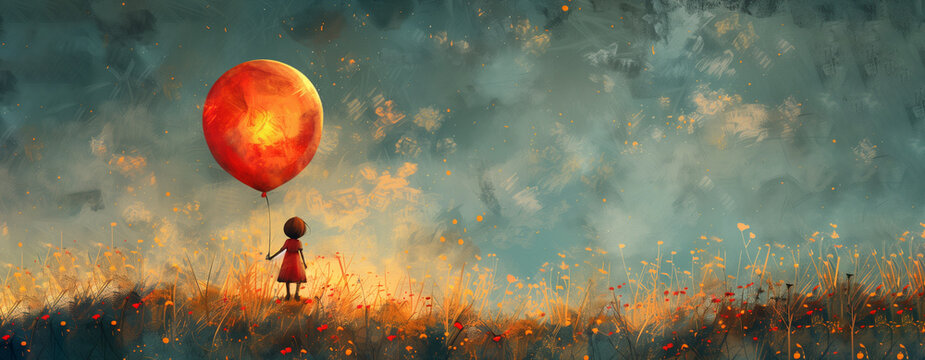 Girl with red balloon illustration outdoors background