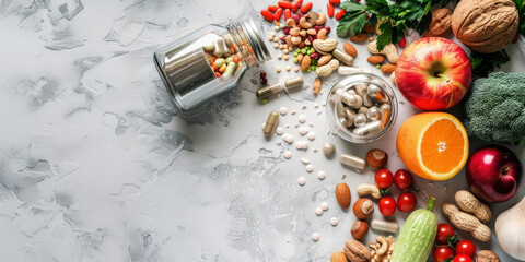 Food supplement and vitamins in the bottle, with fruits, vegetables, nuts and beans on the light grey stone background with copy space, top view