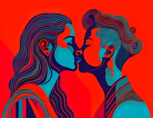 Embracing Love: Illustration of a Lesbian Couple Kissing