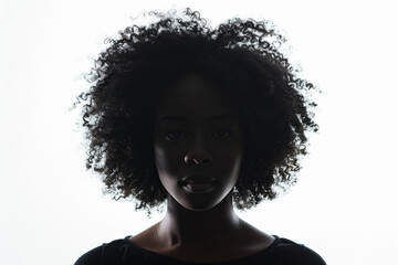 A dark silhouette figure of a woman on white background, with unclear face feature - obrazy, fototapety, plakaty