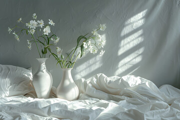 a couple of white vases sitting on top of a white bed covered in white sheets and a vase with white flowers in front of a shadow of a wall. - obrazy, fototapety, plakaty