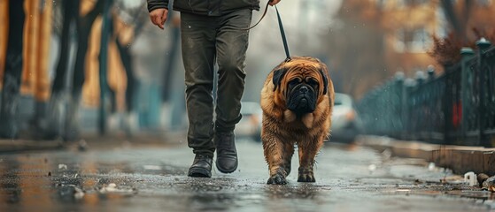 A man walks a large dog on a leash down the street the dog is wellbehaved and not wearing a muzzle. Concept Pet Care, Dog Walking, Responsible Ownership, Animal Behavior - obrazy, fototapety, plakaty