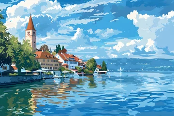 Foto op Plexiglas Malerei des Bodensees: Idyllische Landschaft mit klarem Wasser und Alpenpanorama © Lake Stylez