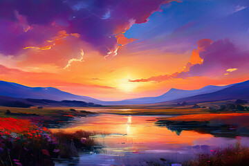 Fototapeta na wymiar An expressive landscape painting showcasing a stunning sunset over a river valley with vivid wildflowers in the foreground.