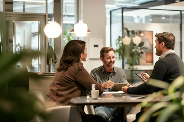Professional Team Engaged in a Discussion at a Modern Office Cafe