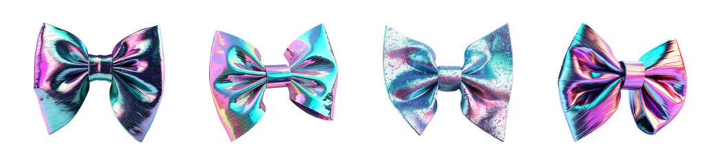 Set of holographic- chrome ribbon bows isolated on a transparent background.