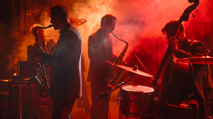 In a display of musical mastery, a jazz band performs on stage, their dynamic and expressive...