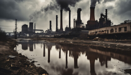 Industrial Factories with Smoke and Reflection in Polluted River Under Stormy Skies