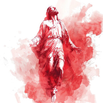 Red watercolor paint of resurrected Jesus Christ ascending to heaven