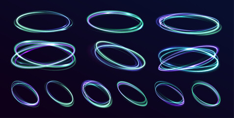 Curve blue line light effect neon swirl. Abstract ring background with glowing swirling background. Energy flow tunnel. Blue portal, platform. Magic circle vector.	