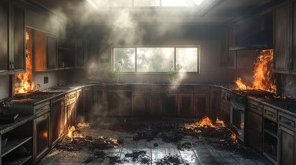 Abandoned Dirty Kitchen Interior after Fire - obrazy, fototapety, plakaty
