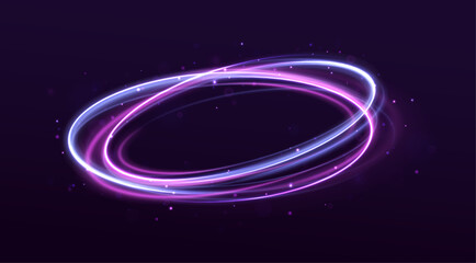 Neon ellipse in the form of speed. Glowing spiral. Abstract neon color glowing lines background. The energy flow tunnel. Shine round frame with light circles light effect.	