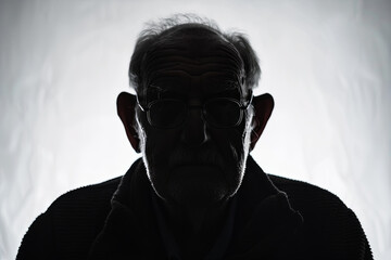 A dark silhouette figure of an elderly man on white background, with unclear face feature - obrazy, fototapety, plakaty