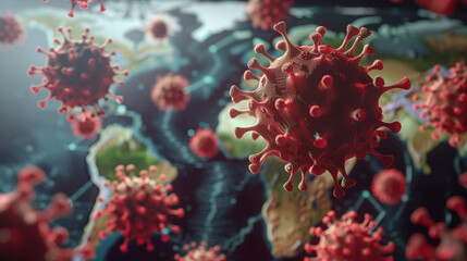 Obraz na płótnie Canvas Macro Covid-19 cells above white world map, areas turning red, vivid detail, 3D medical render