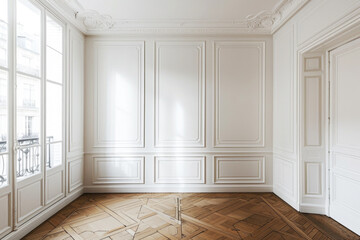 Empty room with parquet floor and white wooden paneling on the walls, modern elegant and chick - 774966281